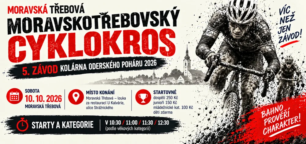 Plakát závodu – Moravskotřebovský cyklokros, 5. závod Kolárna Oderského poháru 2026